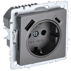 BRITE Розетка 1-местная с заземлением с защитными шторками 16А с USB A+C 18Вт РЮш11-1-БрС сталь IEK