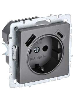 BRITE Розетка 1-местная с заземлением с защитными шторками 16А с USB A+C 18Вт РЮш11-1-БрС сталь IEK