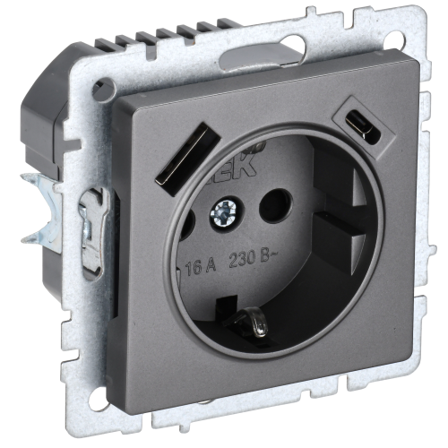 BRITE Розетка 1-местная с заземлением с защитными шторками 16А с USB A+C 18Вт РЮш11-1-БрС сталь IEK