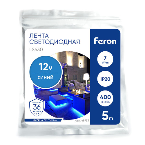 Светодиодная COB лента Feron LS630, 400SMD(2110)/ 7Вт/м 12V 5000*3*1.8мм синий, IP20 Светодиодная COB лента Feron LS630, 400SMD(2110)/ 7Вт/м 12V 5000*3*1.8мм синий, IP20