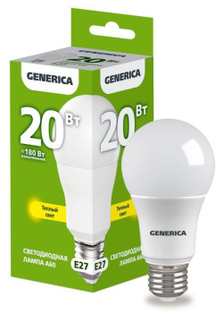 Лампа светодиодная A60 20Вт грушевидная 3000К E27 230В GENERICA LL-A60-20-230-30-E27-G
