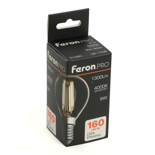 Лампа светодиодная Feron.PRO LB-1708 Шарик E14 1300LM 8W 175-265V 4000K Лампа светодиодная Feron.PRO LB-1708 Шарик E14 1300LM 8W 175-265V 4000K