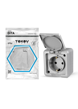 Розетка 1-м ОП Dita 16А IP54 250В с заземл. с крышкой сер. TOKOV ELECTRIC TKL-DT-R1Z-C06-IP54