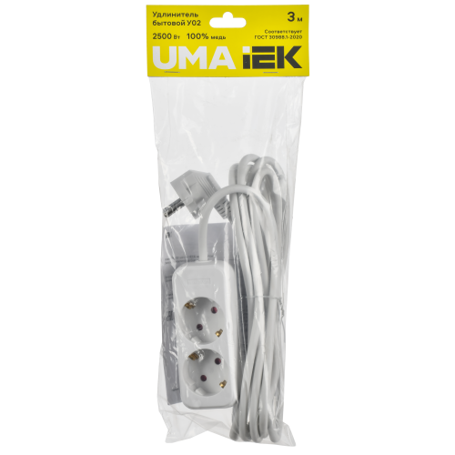 Удлинитель У02 2 места 2P+PE 3м 3х1мм2 10А белый UMA IEK