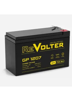 Батарея REVOLTER серия GP, REVOLTER GP 1207, напряжение 12В, емкость 8.2Ач (разряд 20 часов),  макс. ток разряда (5 сек.) 120А, макс. ток заряда 2.16А, свинцово-кислотная типа AGM, клеммы F2, ДxШxВ 150х65х94мм., вес 2.23кг., срок службы 7 лет.