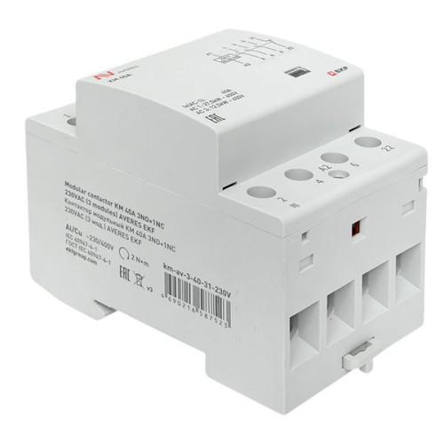 Контактор модульный КМ 40А 3NO+1NC 230В АС (3 мод.) AVERES EKF Контактор модульный КМ 40А 3NO+1NC 230В АС (3 мод.) AVERES EKF