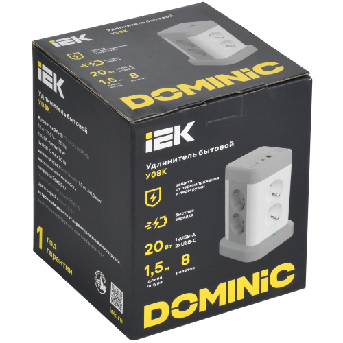 Удлинитель У08K 8 мест 2P+PE 1,5м 3х1,0мм2 16А/250В USB A+C 20Вт серый DOMINIC IEK Удлинитель У08K 8 мест 2P+PE 1,5м 3х1,0мм2 16А/250В USB A+C 20Вт серый DOMINIC IEK