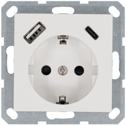 Розетка Shuko 16А с заземл. защ. шторки с 2-мя заряд. устройствами USB тип A+C 25Вт механизм бел. глянцевый Jasmart G5501USB-25W