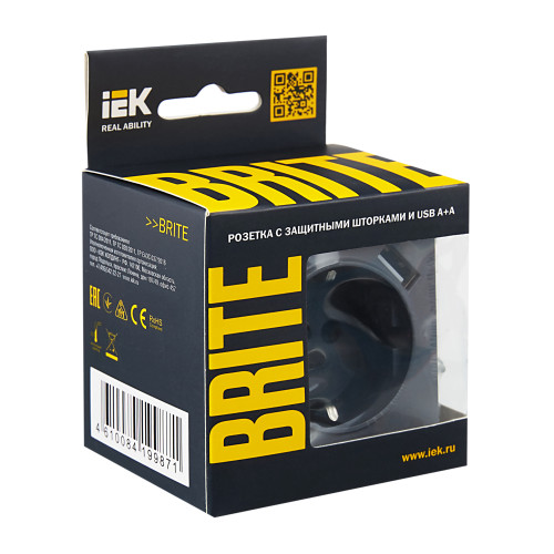 BRITE Розетка 1-местная с заземлением с защитными шторками 16А с USB A+A 5В 2,1А РЮш10-1-БрМ маренго IEK BRITE Розетка 1-местная с заземлением с защитными шторками 16А с USB A+A 5В 2,1А РЮш10-1-БрМ маренго IEK